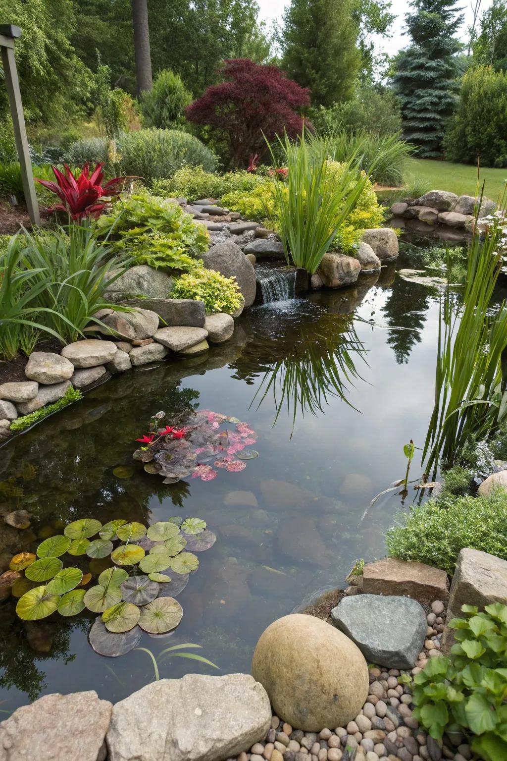 Bright colors infuse vibrancy and life into a small pond setting.