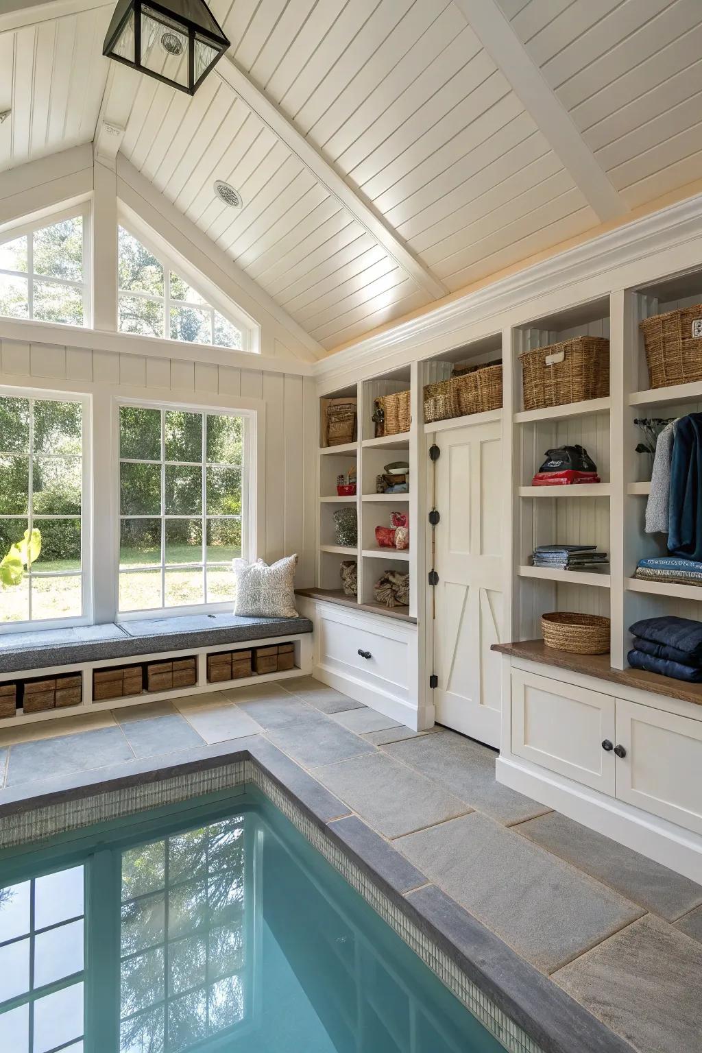 Concealed storage sustains the organization of the pool house.