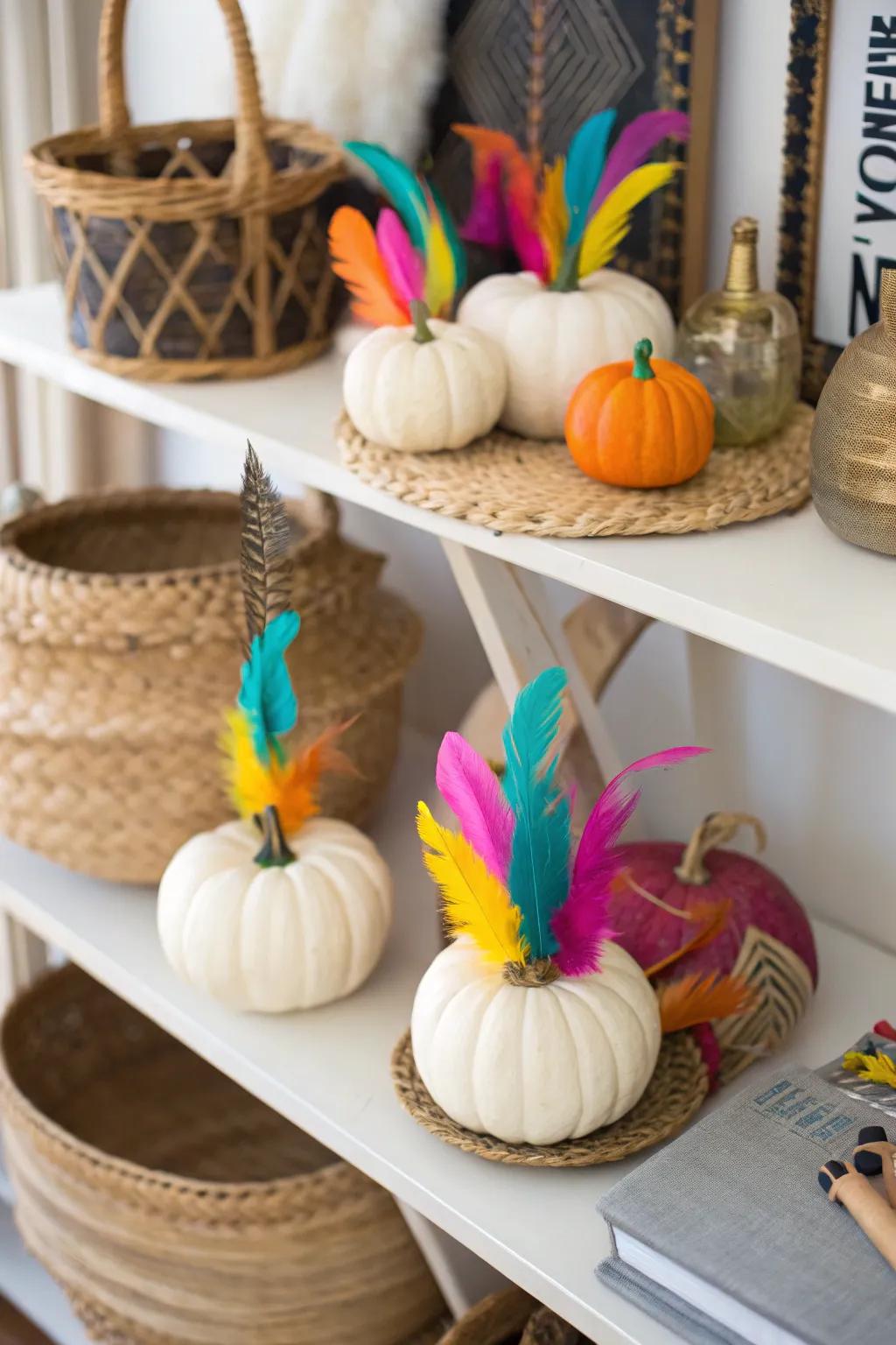 Pumpkins adorned with feathers create a whimsical, boho feel.