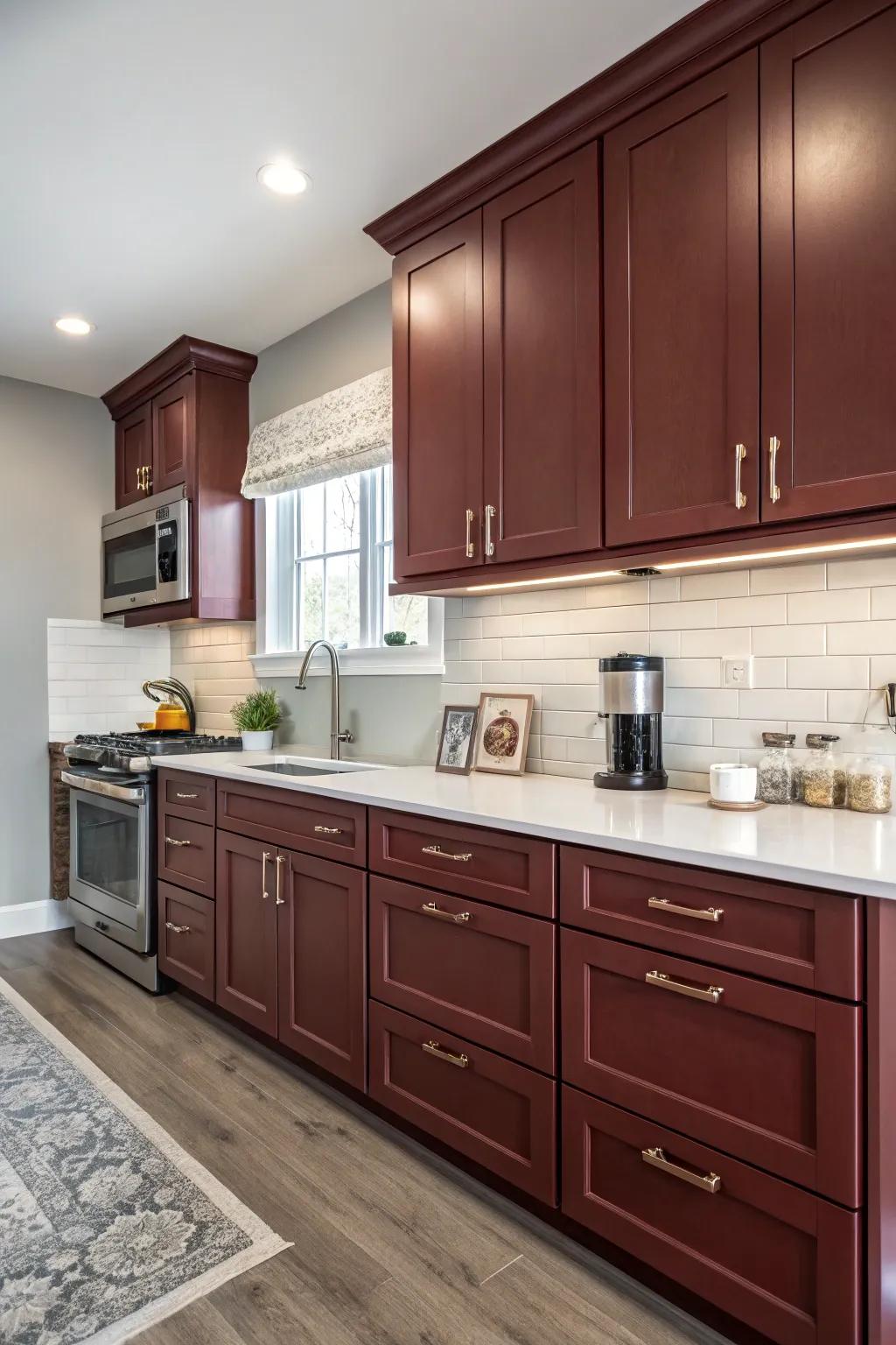 Sophisticated kitchen with wine crimson cupboards and light gray walls.