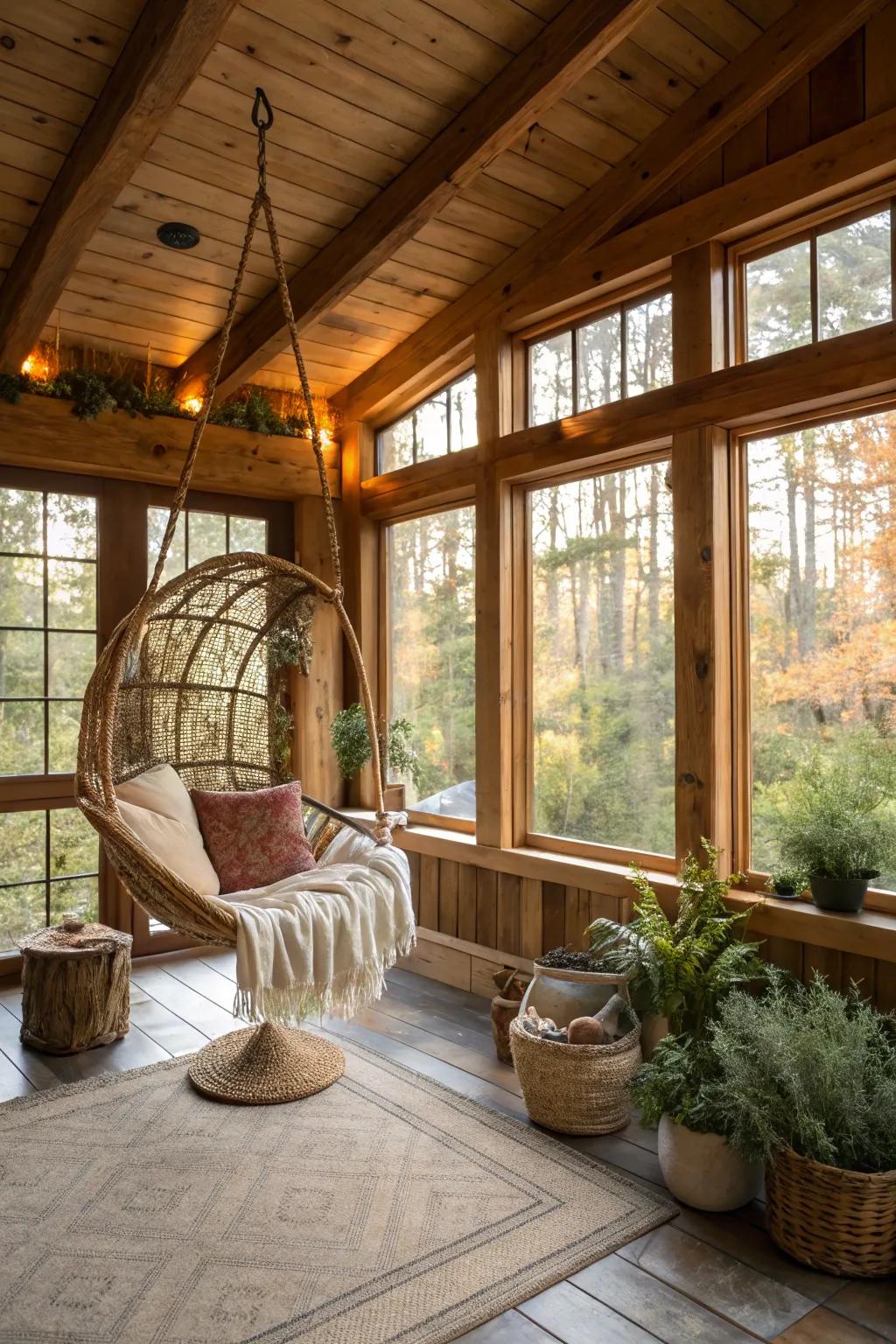A hanging chair adds a playful and relaxing touch to this country-style glass room.