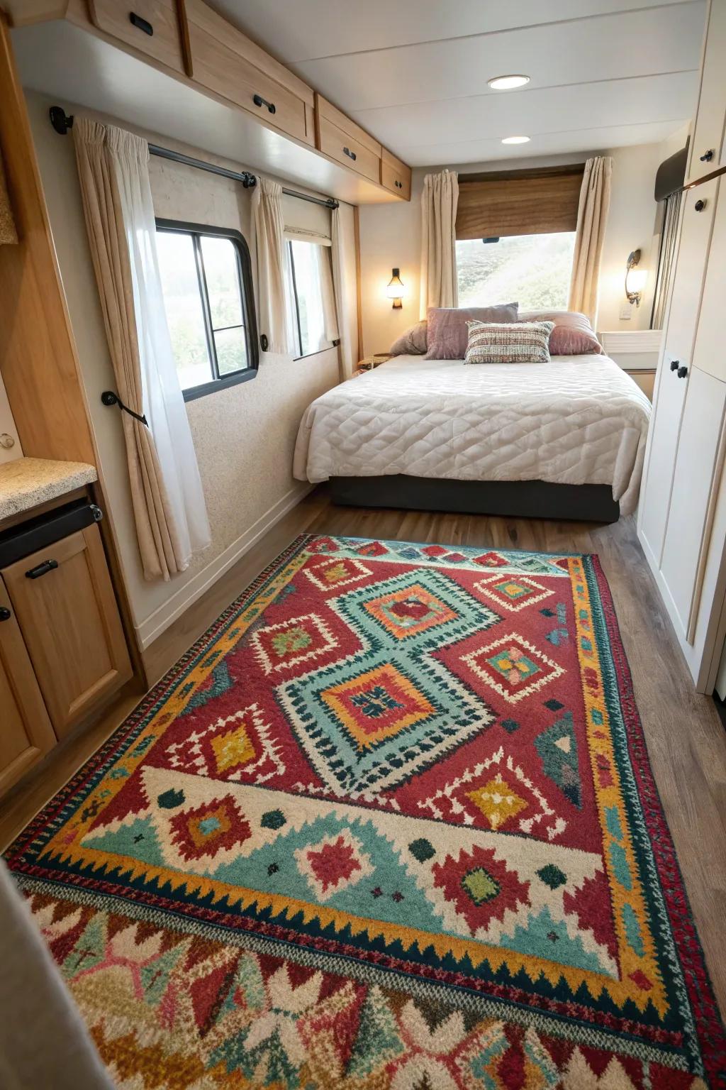 An area rug adds warmth and unifies your RV bedroom.