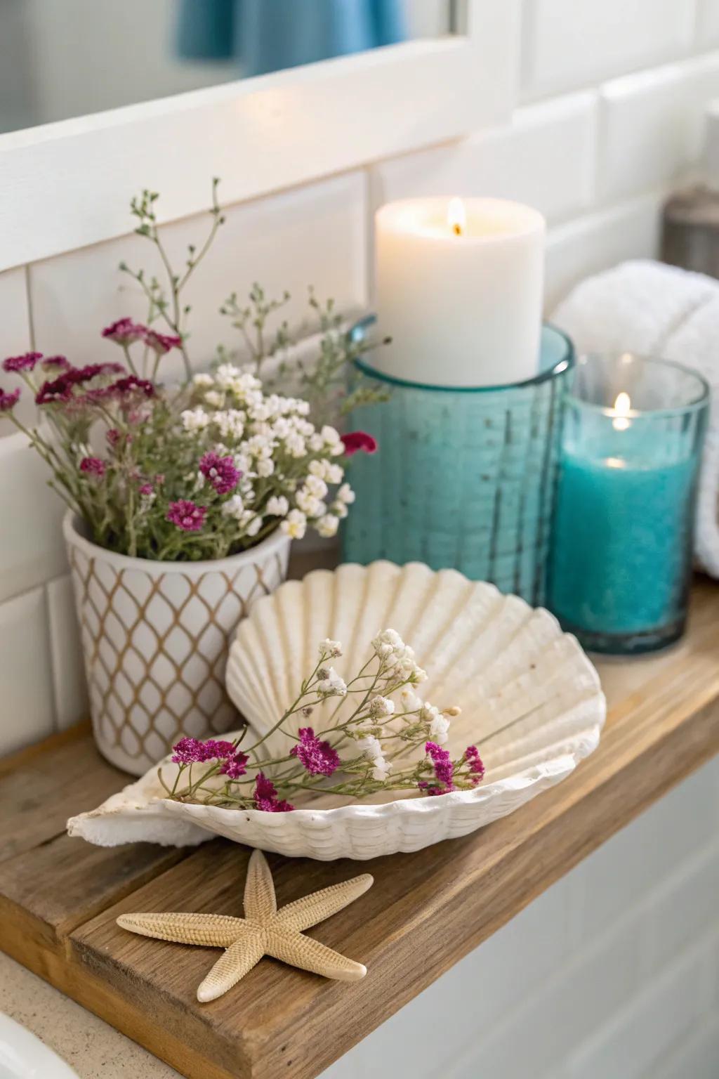Seashells filled with flowers introduce a beachy touch to your decor.
