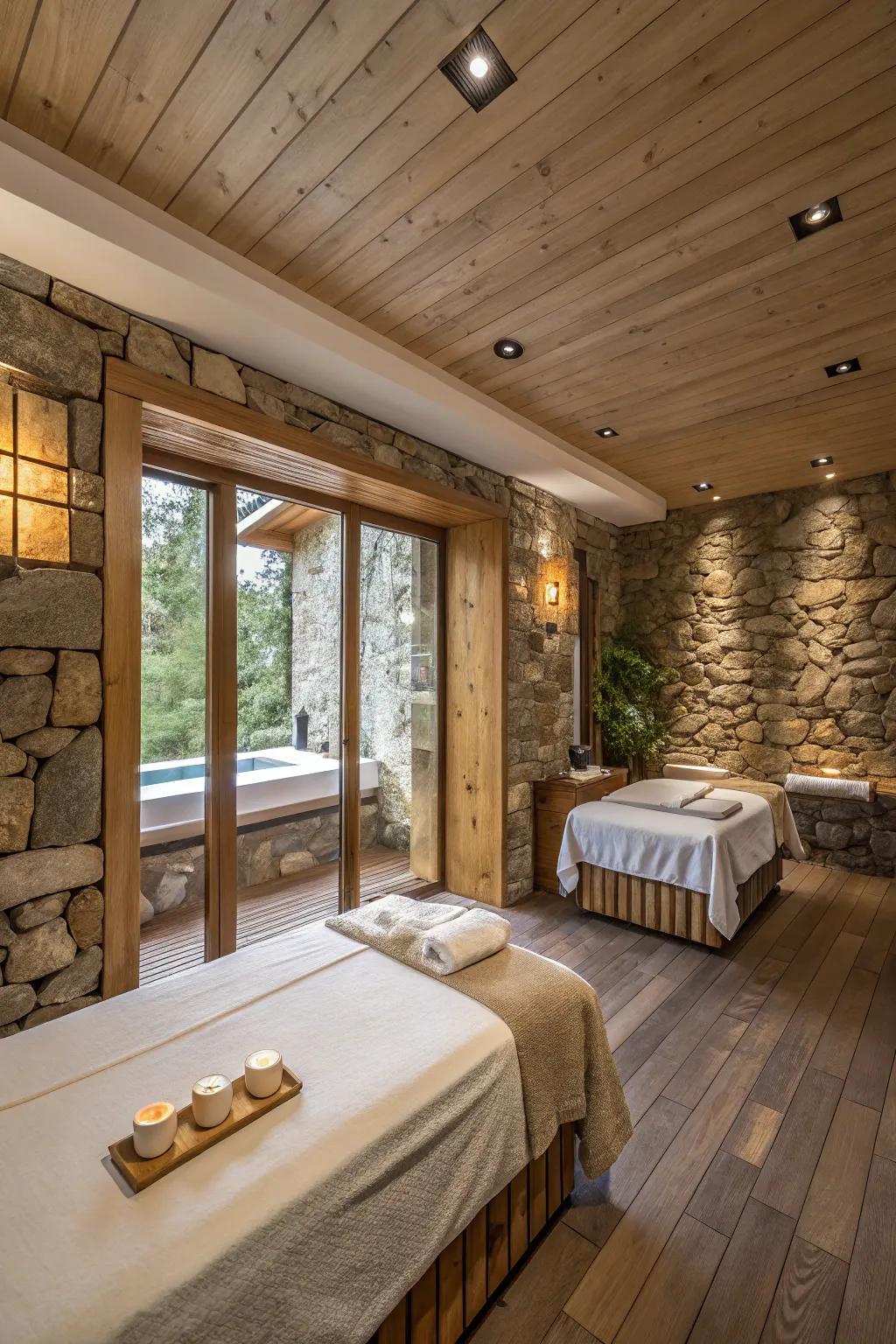 Textural contrasts within a spa area using timber and stone