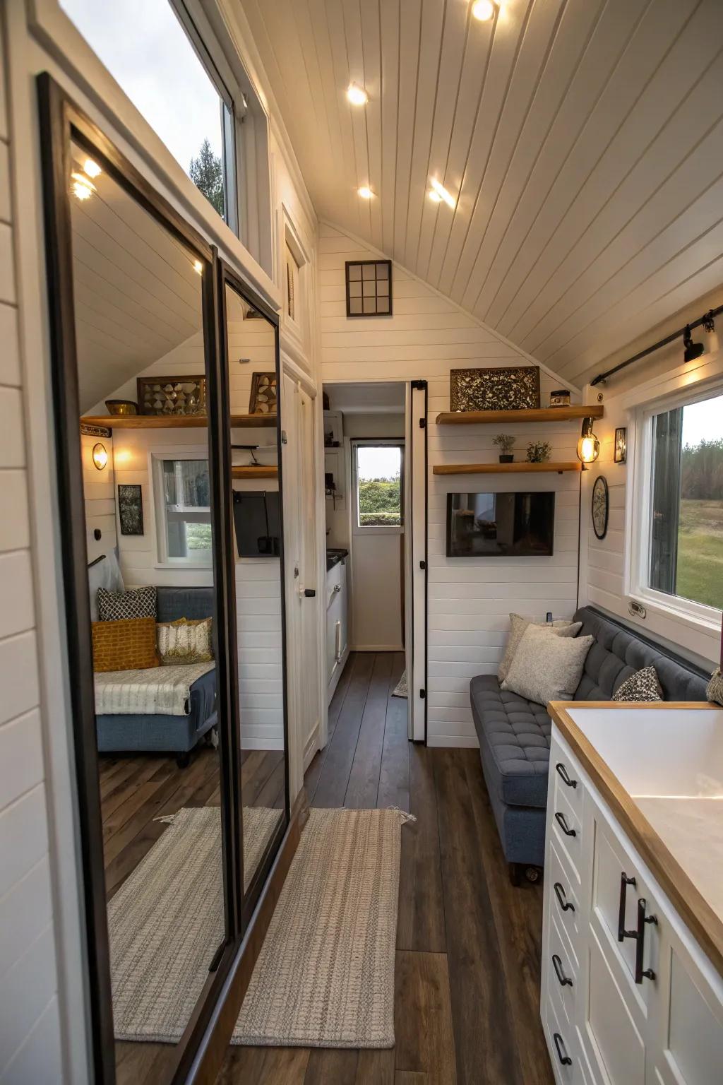 Reflective paneling amplifies the perceived area in small houses.