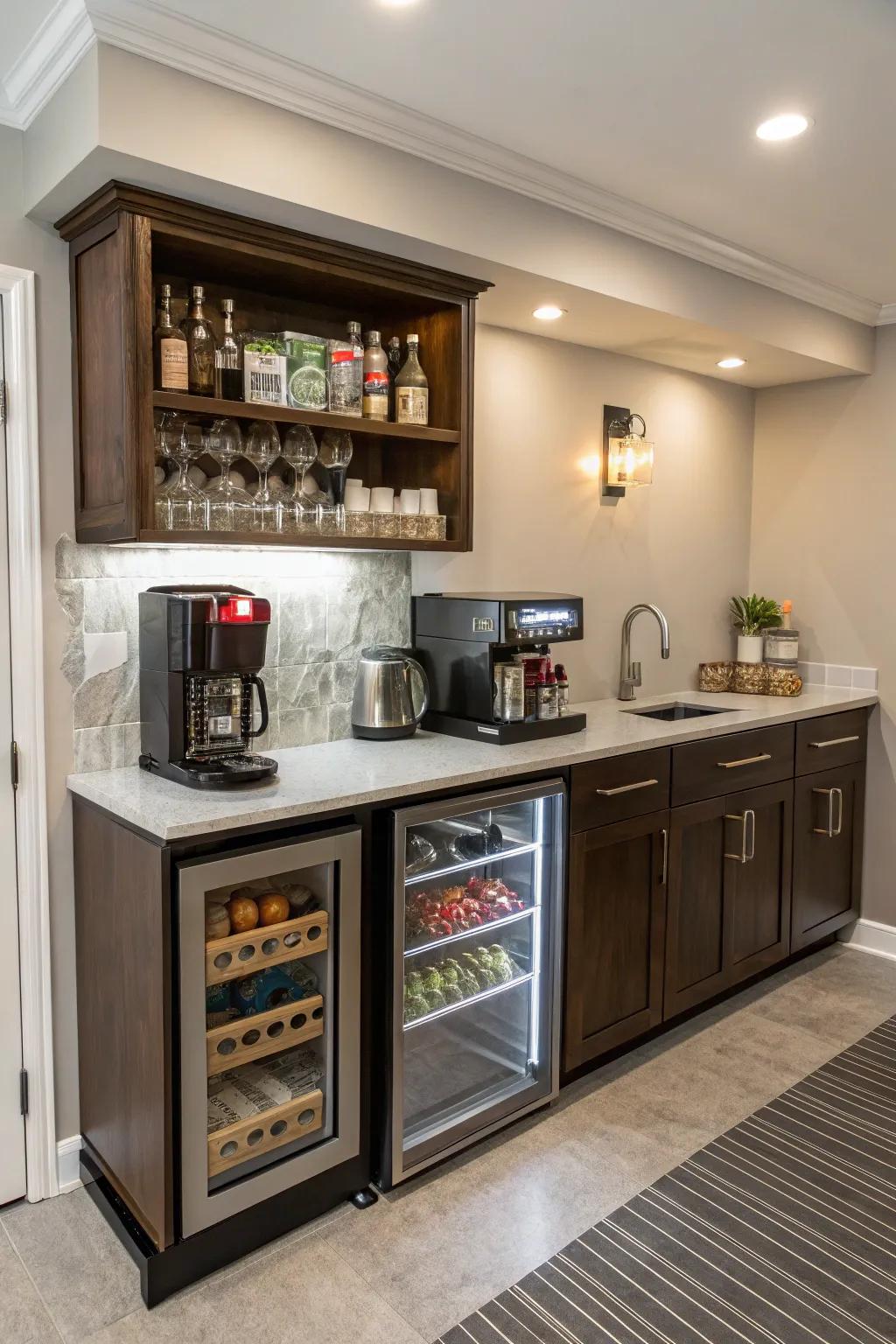 A multi-purpose compact wet bar showcasing a coffee together with snack outpost.