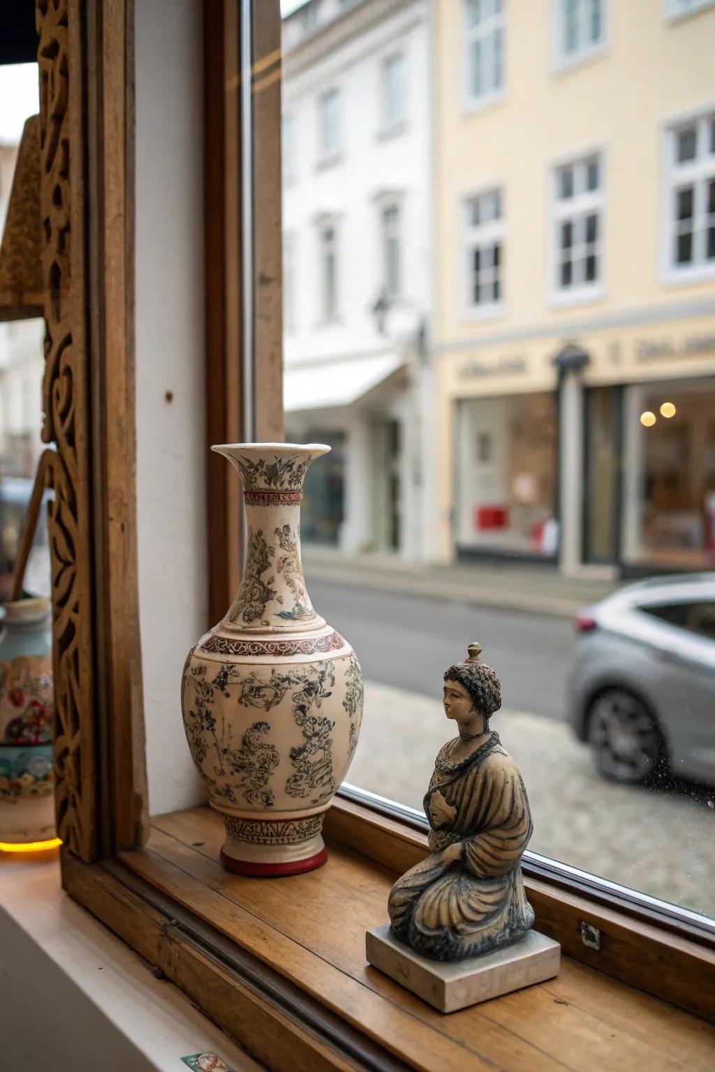 Hand-fashioned articles injecting attraction and genuineness to a window display.