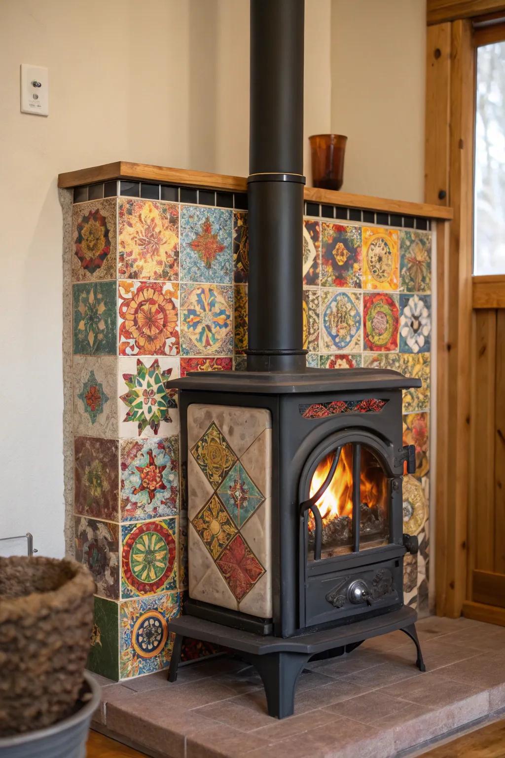 Artistic tiles inject a burst of color and texture encircling a timber heater.