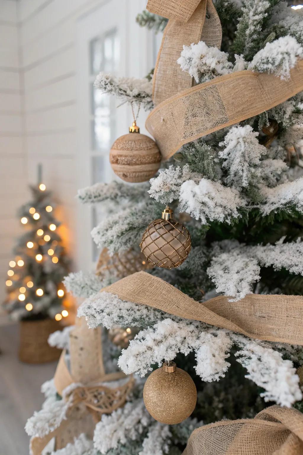 Hessian ribbons adding a country charm to a snowy Christmas tree.