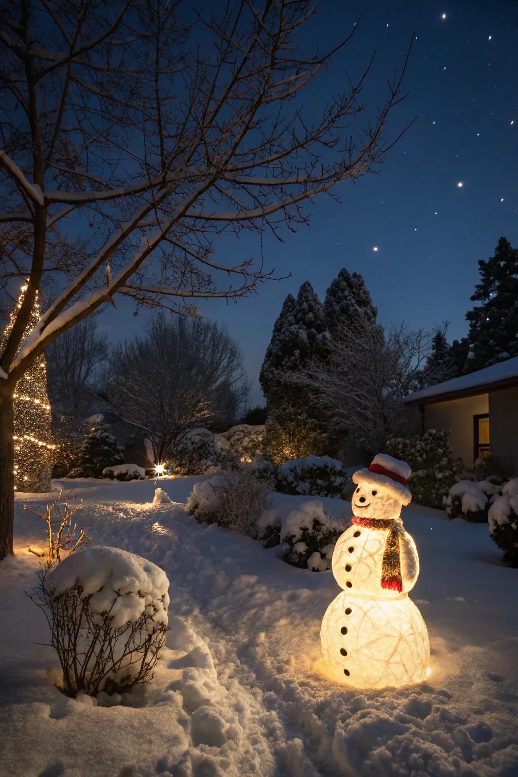 A glowing Frosty lamp illuminating the night.