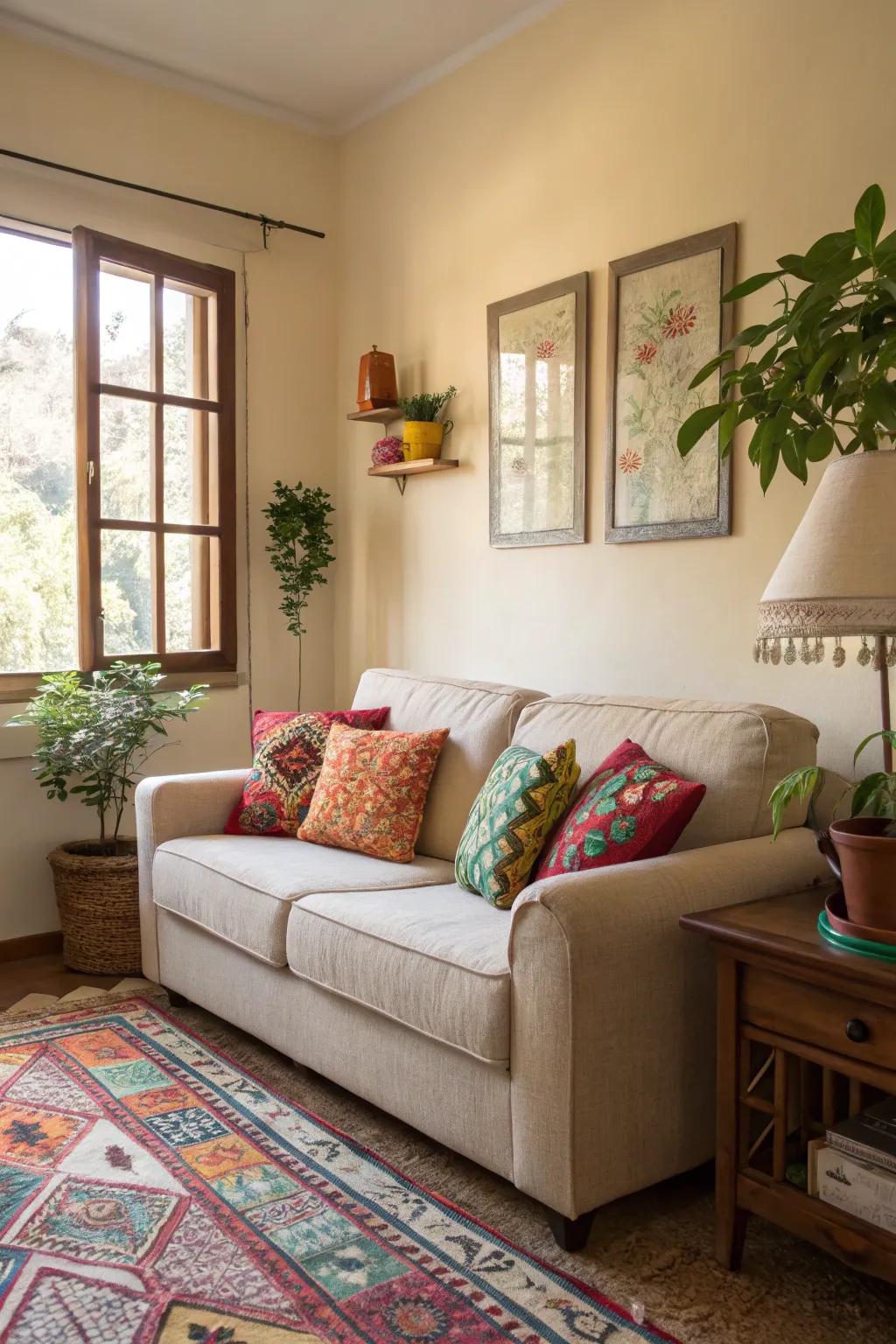 The striking throw pillows contrast, adding a personal touch.