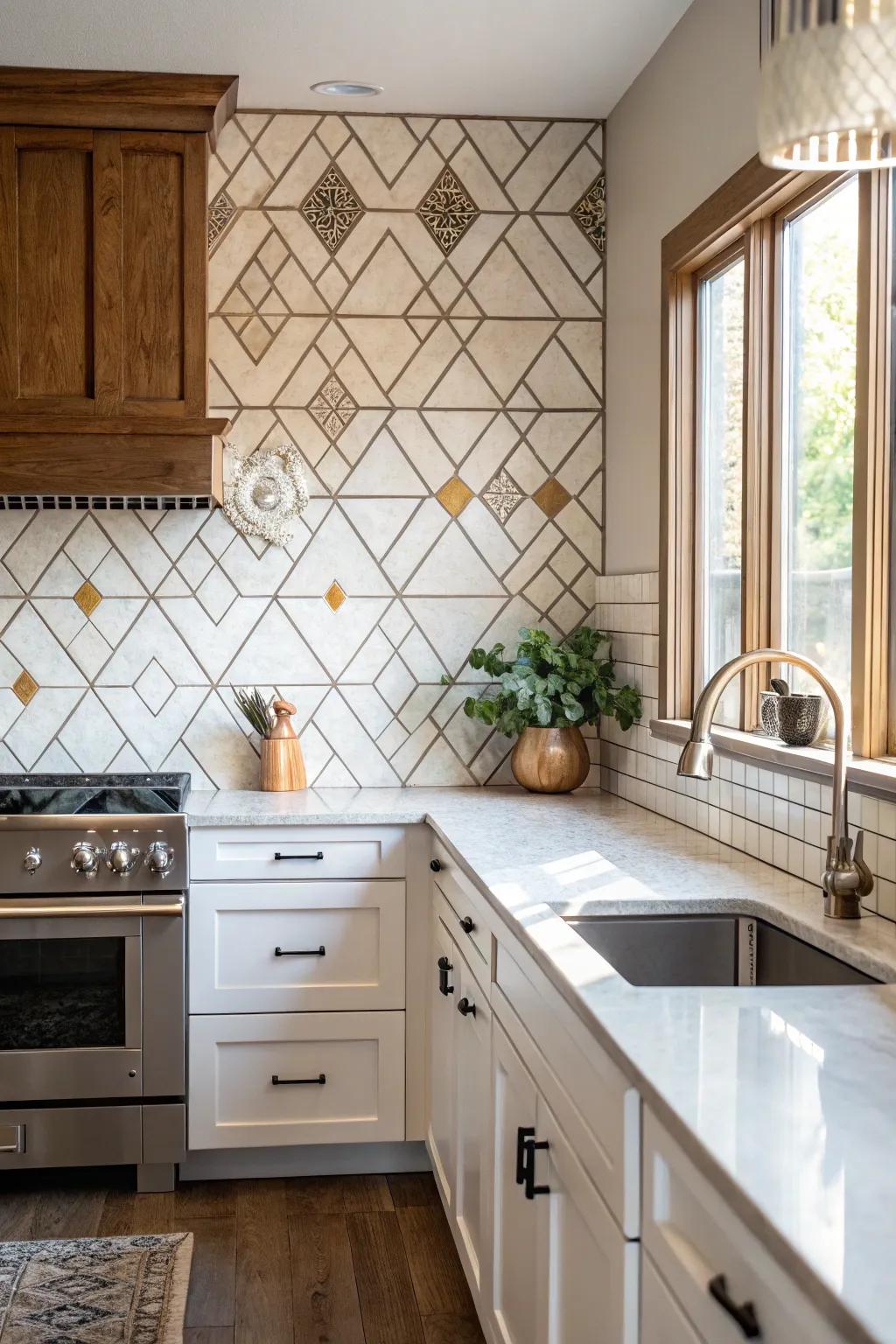 Diamond pattern tiles inject geometric intrigue and elegance.