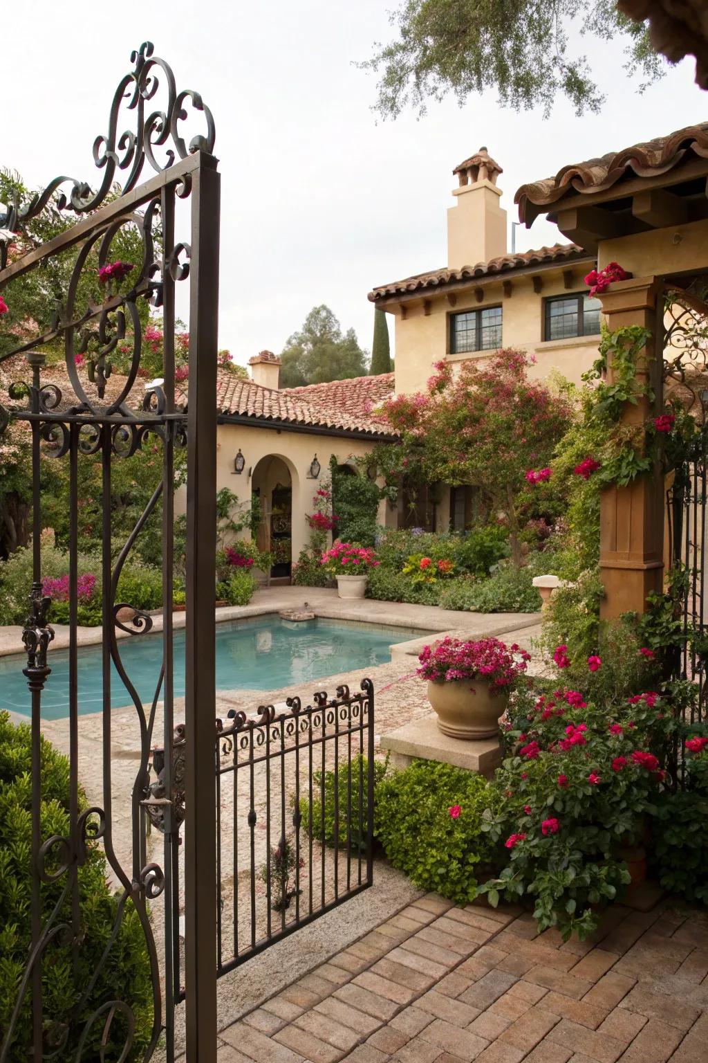 Intricate metalwork embellishments contribute sophistication to this Spanish-style space.
