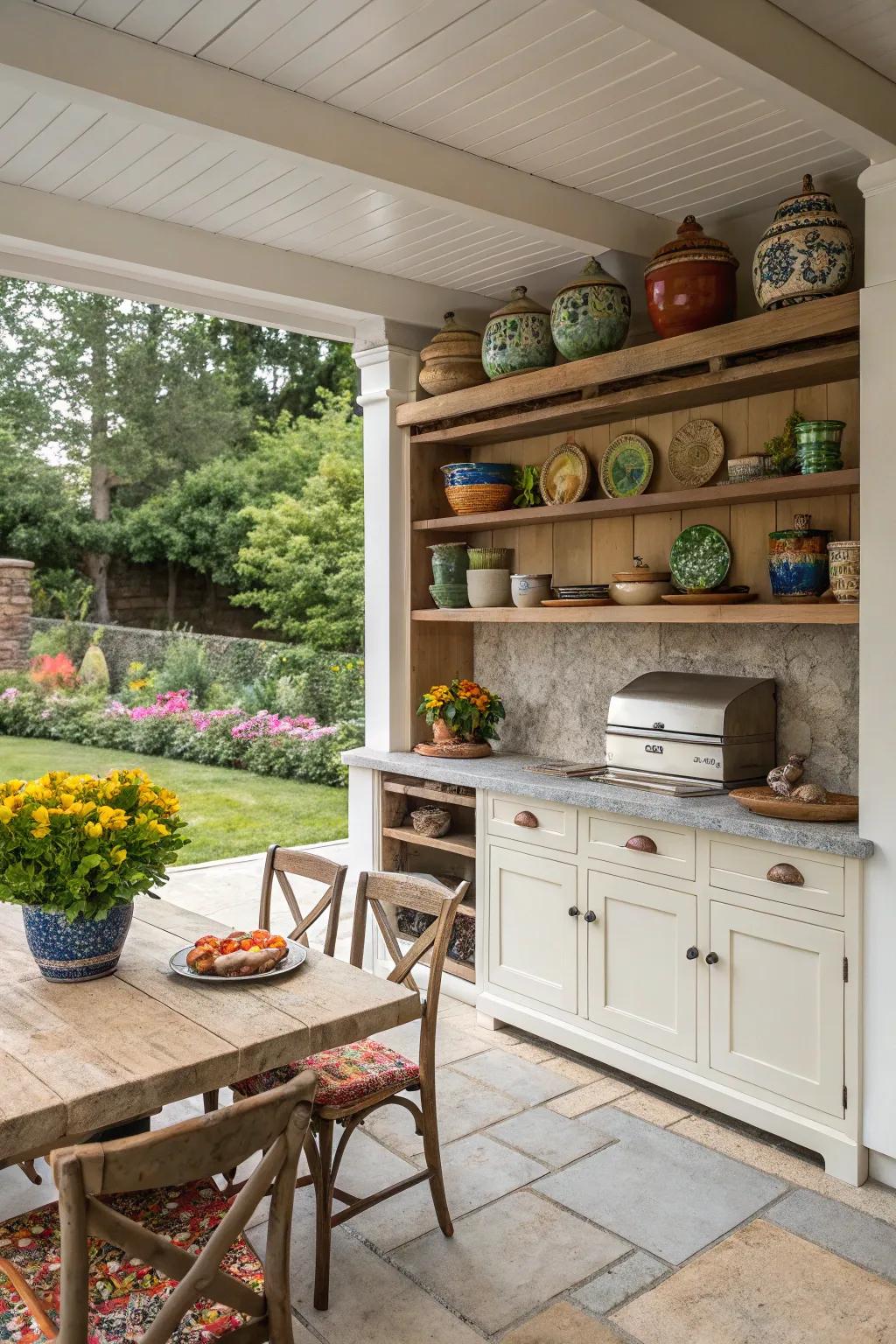 Open shelving showcases beautiful pottery and adds functionality to this open-air cooking area.