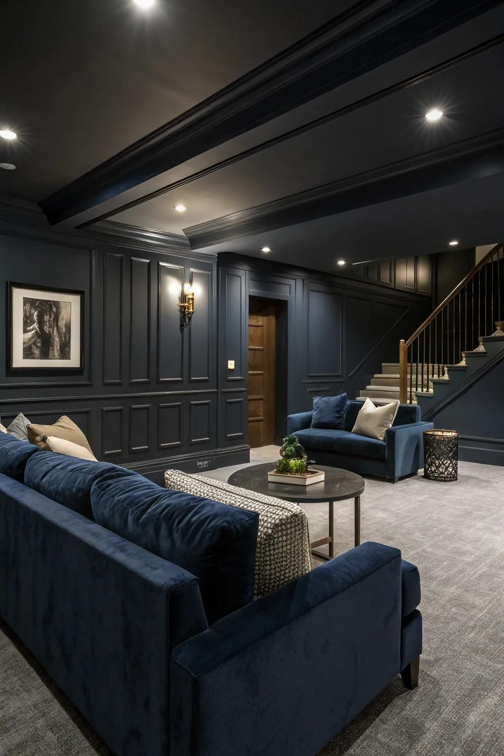 A dark color palette creates a sophisticated atmosphere in your speakeasy.