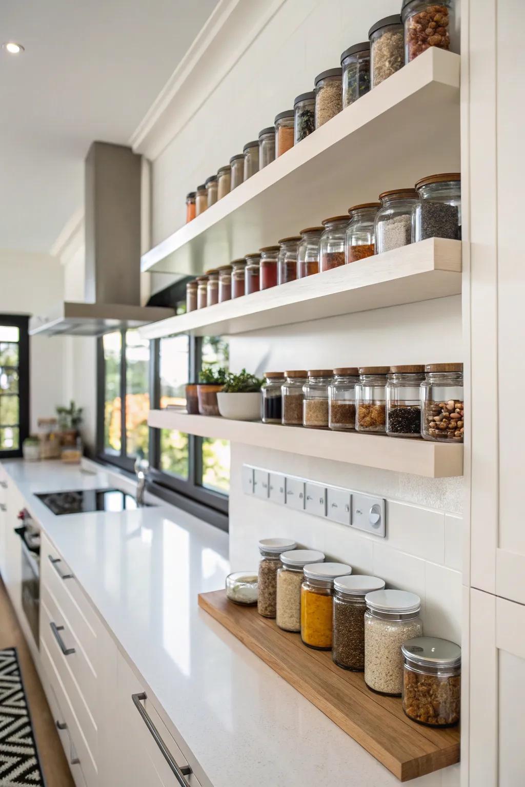 Hanging shelves incorporating modern elegance to spice storage.