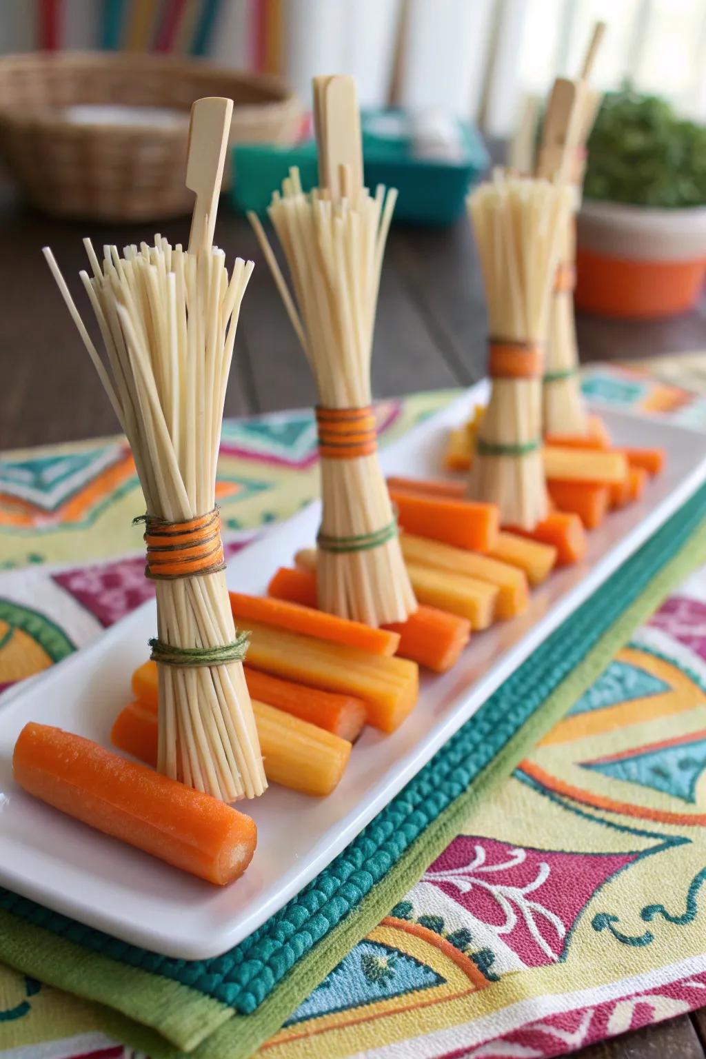 Broomstick carrots sweeping up a wholesome snack selection.