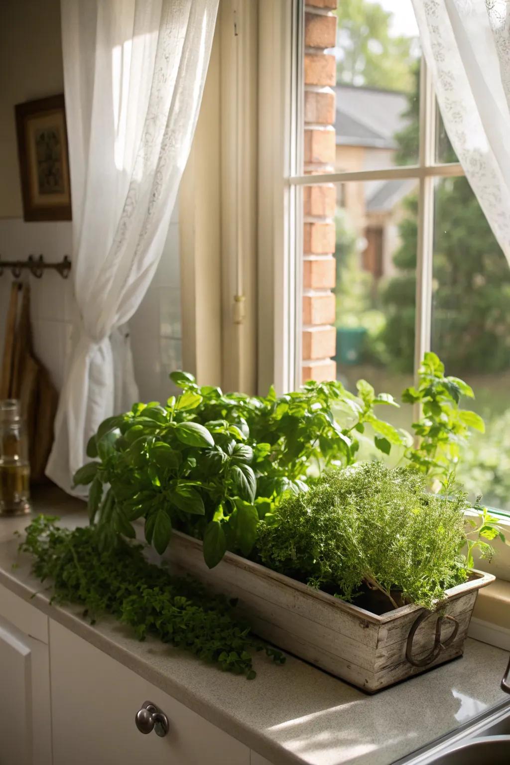 Fresh herbs in a box add fragrance and greenery to the kitchen.