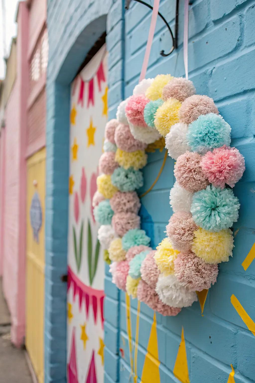 A playful wreath abundant with colorful poms for a dash of amusement.