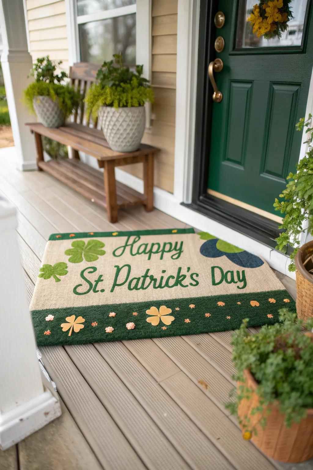 Welcome visitors through a celebratory St. Patrick's Day entrance covering.