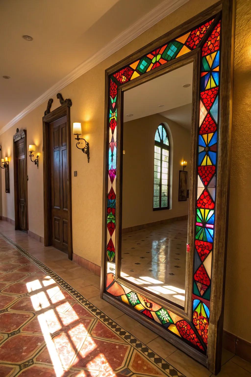 Stained glass perimeters transform ordinary mirrors into stunning decor pieces.