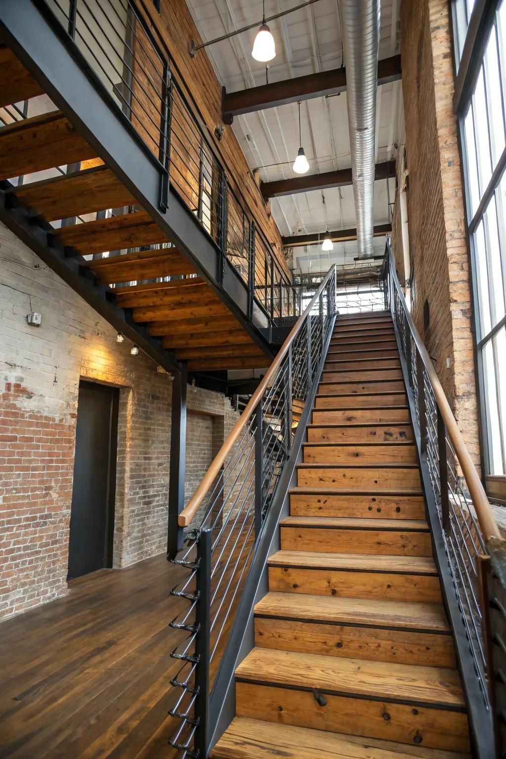 A modern industrial-style staircase design creates a rough, urban atmosphere.