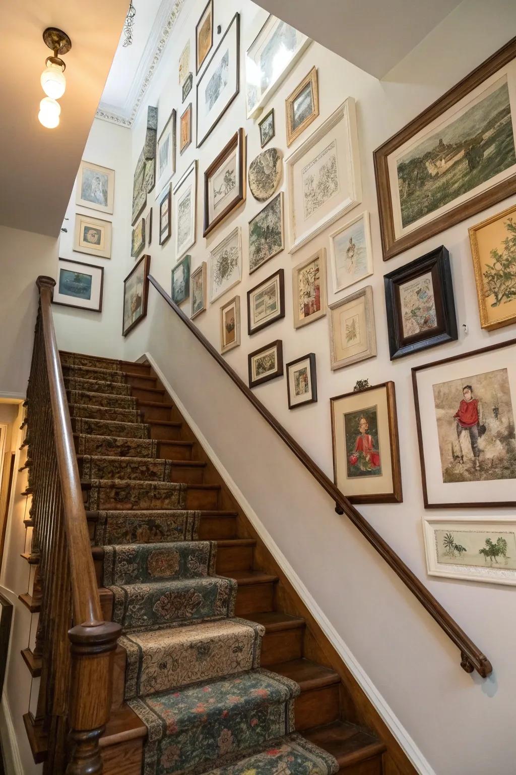 Vintage frames and prints add a nostalgic touch to the gallery.