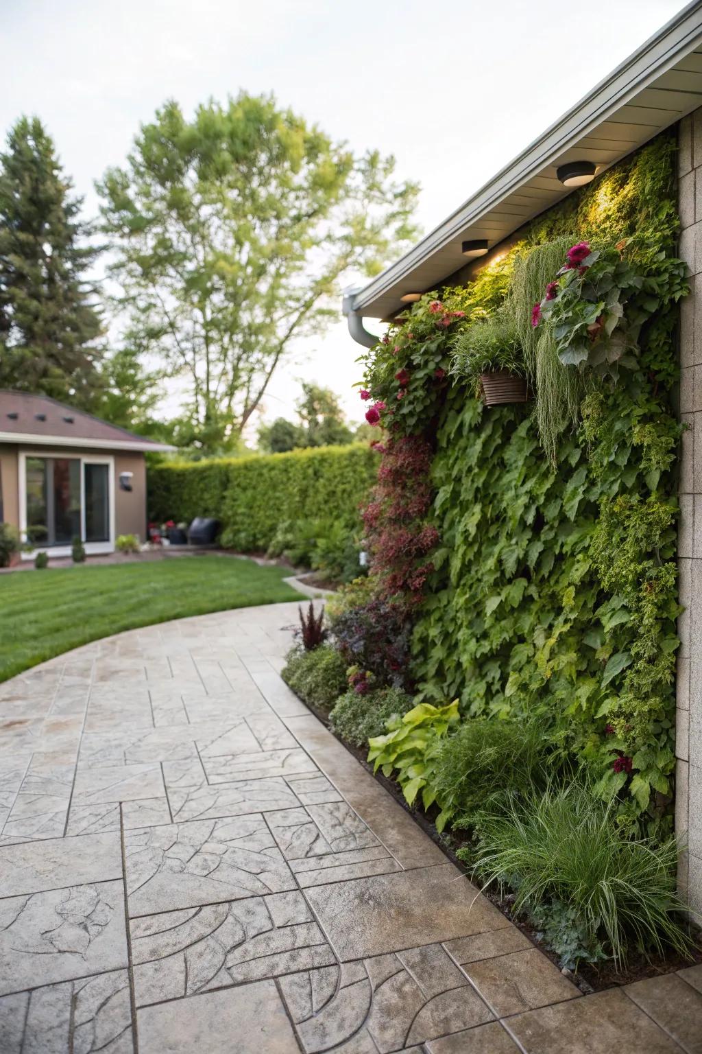 An upright flora display adds greenery and interest to the patio.