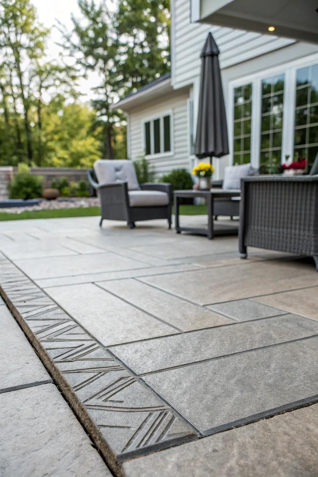 A contemporary stamped concrete patio with clean, refined lines.