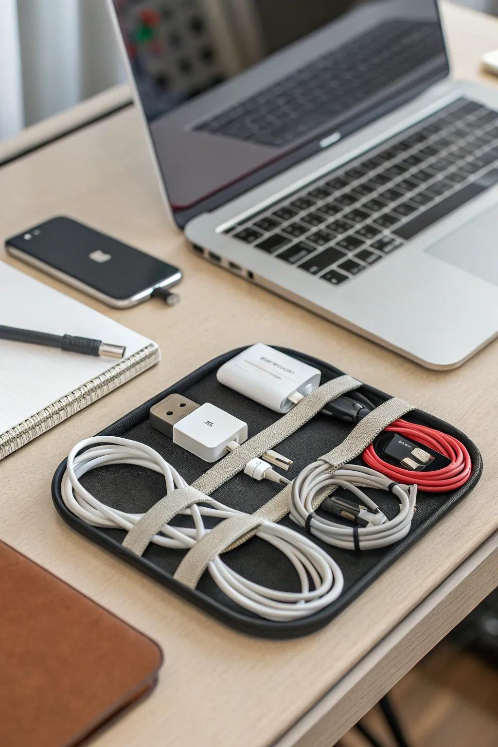 Magnetic cord organizers simplify cord management.