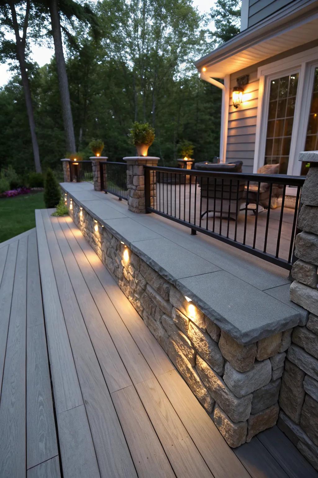 An inviting deck illuminated by integrated illumination within the rock trim.