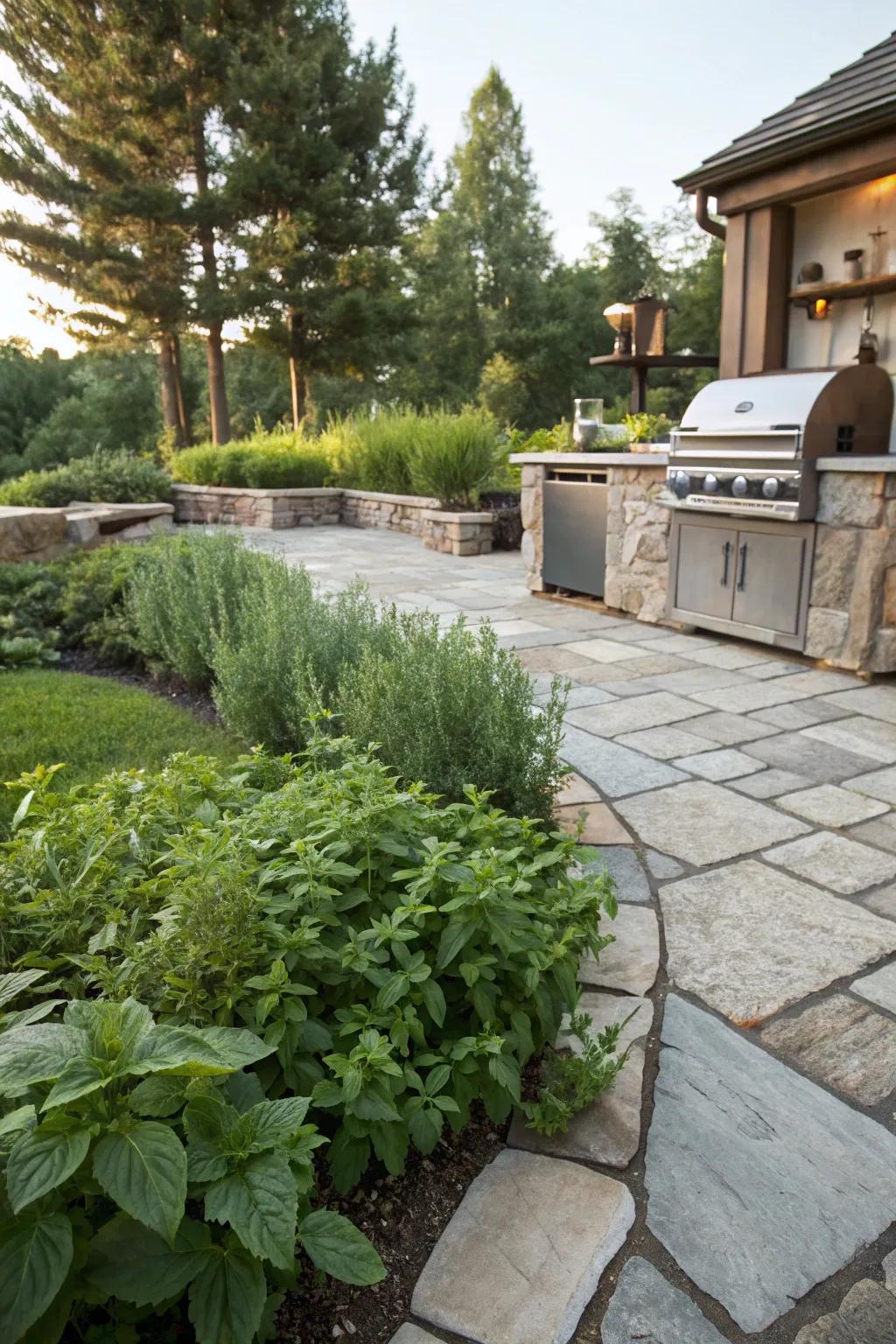 A stone patio featuring a convenient spice patch.
