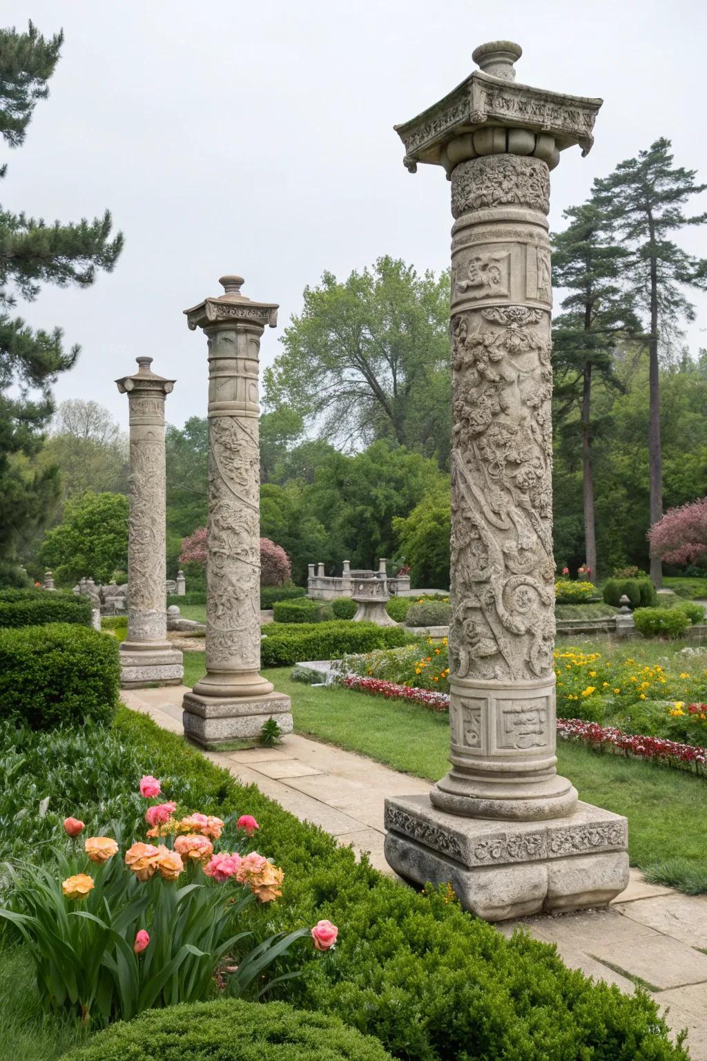 Infuse artistic elegance with sculpted stone pillars.