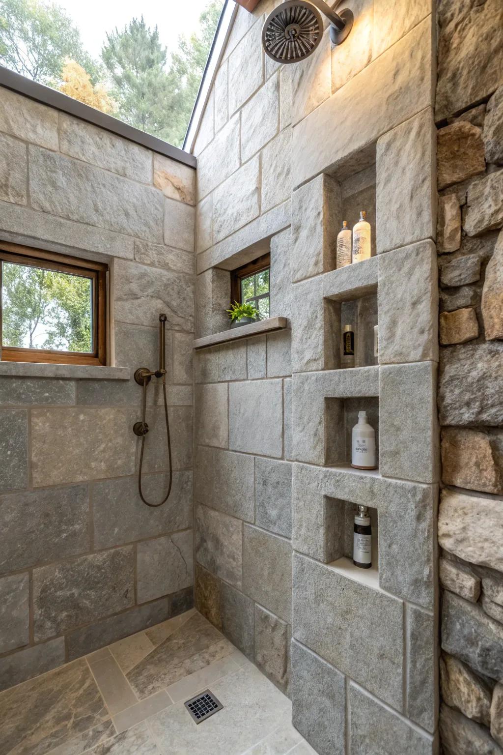 Stone alcoves offer a streamlined storage solution in showers.