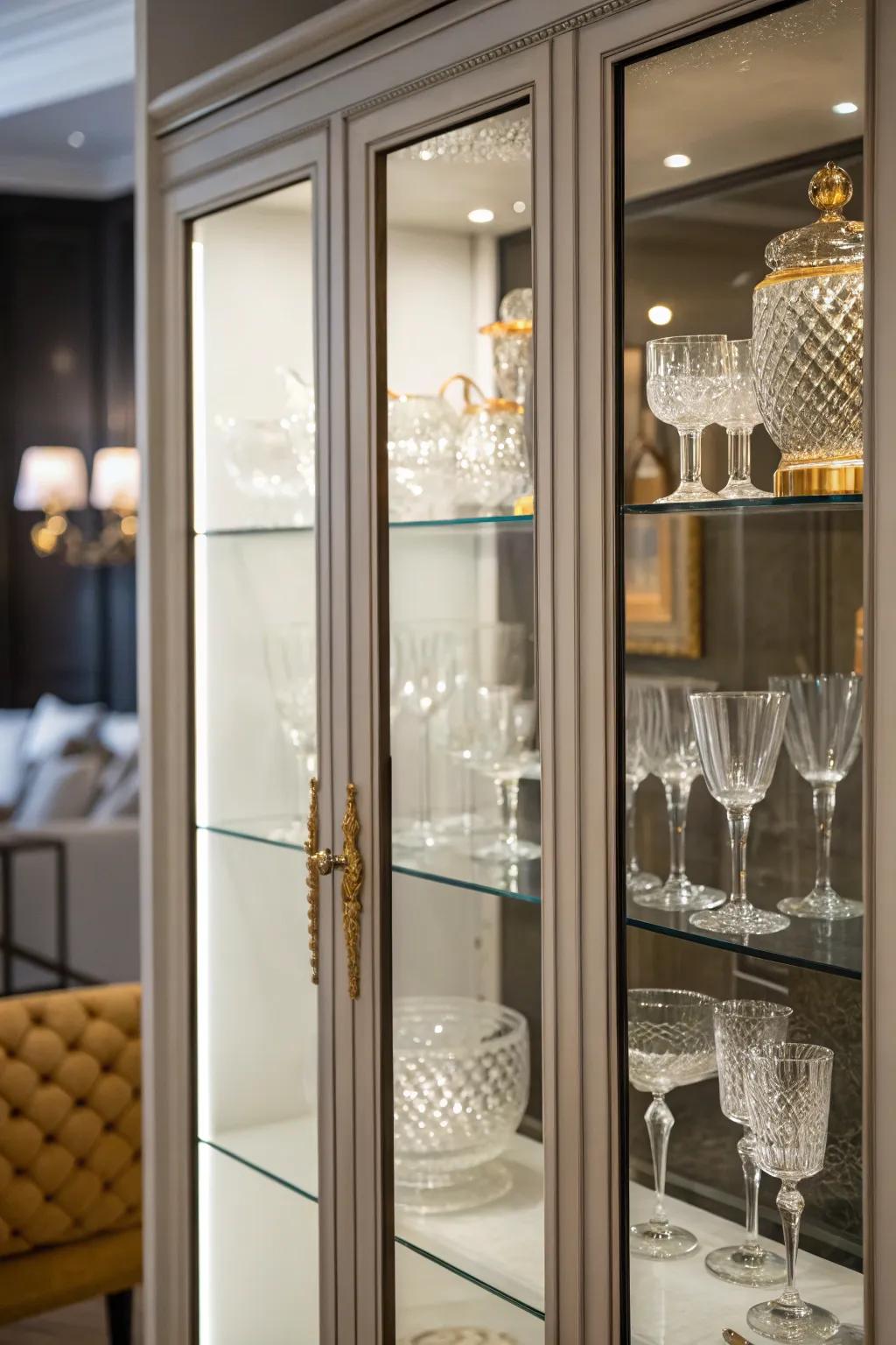 Glass cupboards with doors combine dust-free storage with a beautiful display.