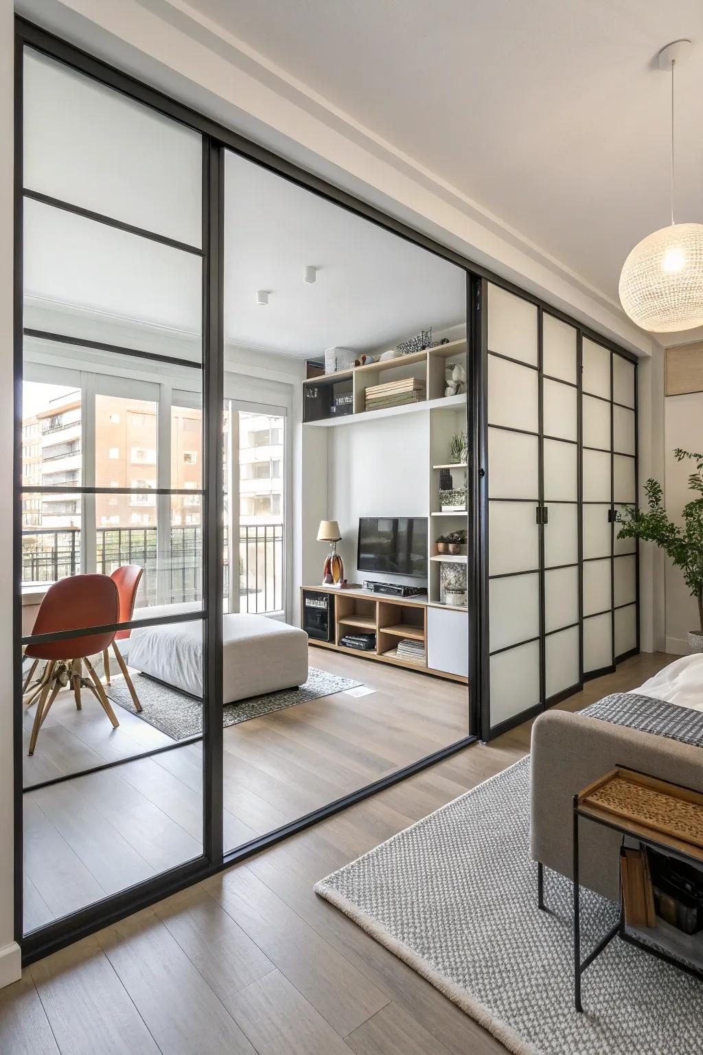 Sliding doors proffer privacy sans area consumption.