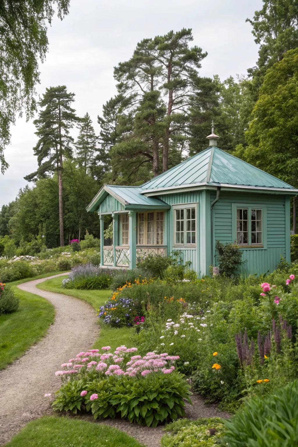 A stylish summer house in soft teal, offering a tranquil garden escape.