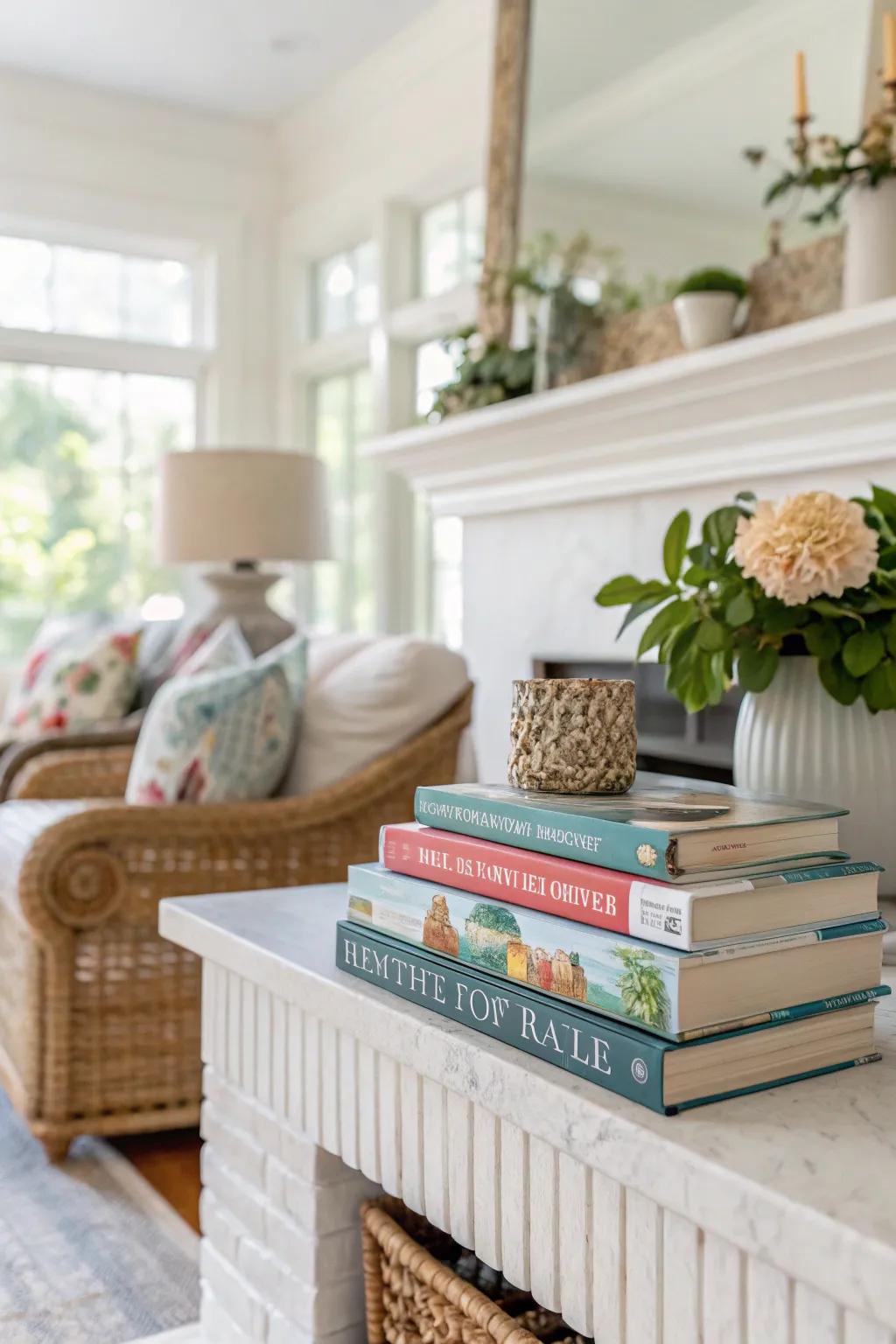 Books can add height and interest to your summer mantel.