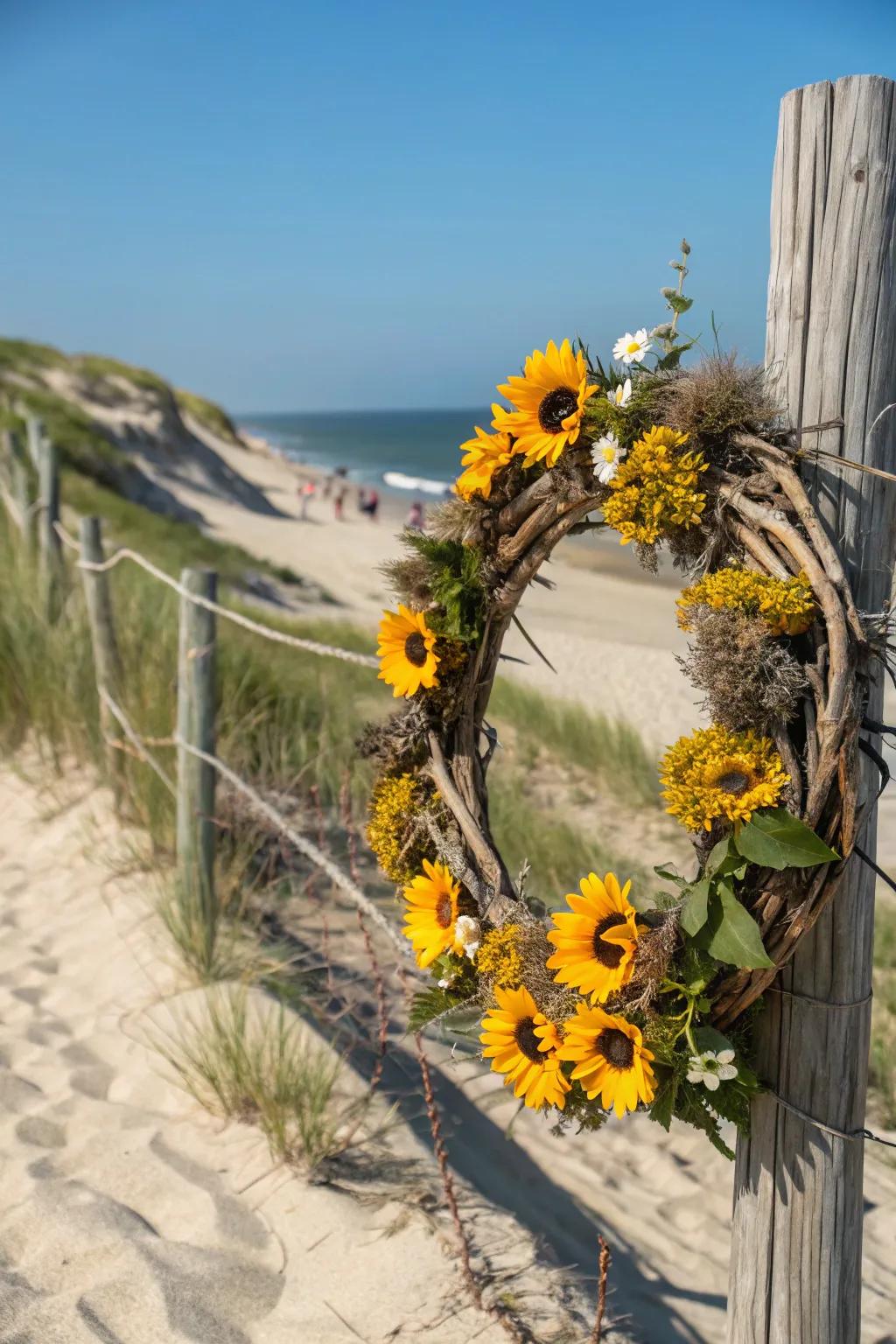 Rustic coastal charm with driftwood and sunflowers.