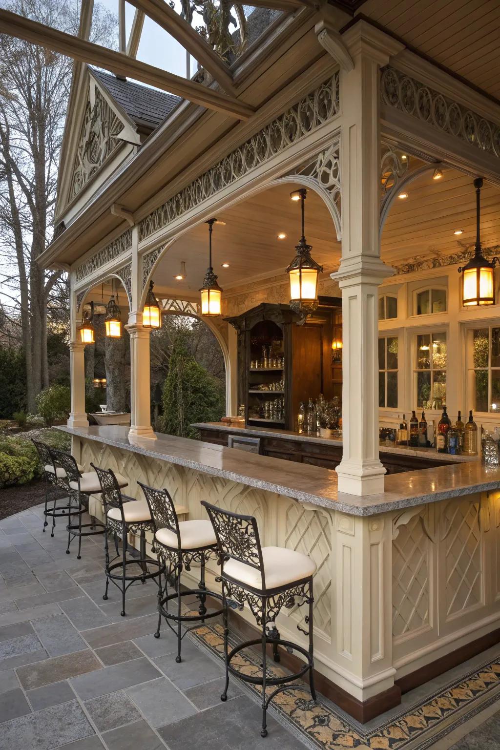 Architectural particulars lend character and timeless appeal to your sunroom bar.