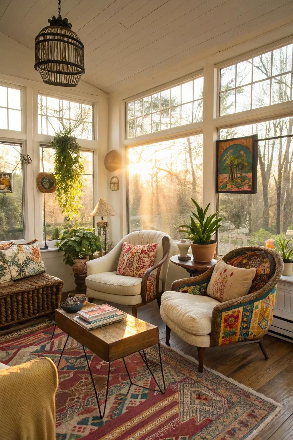A varied mix of designs gives the sunroom a unique character.