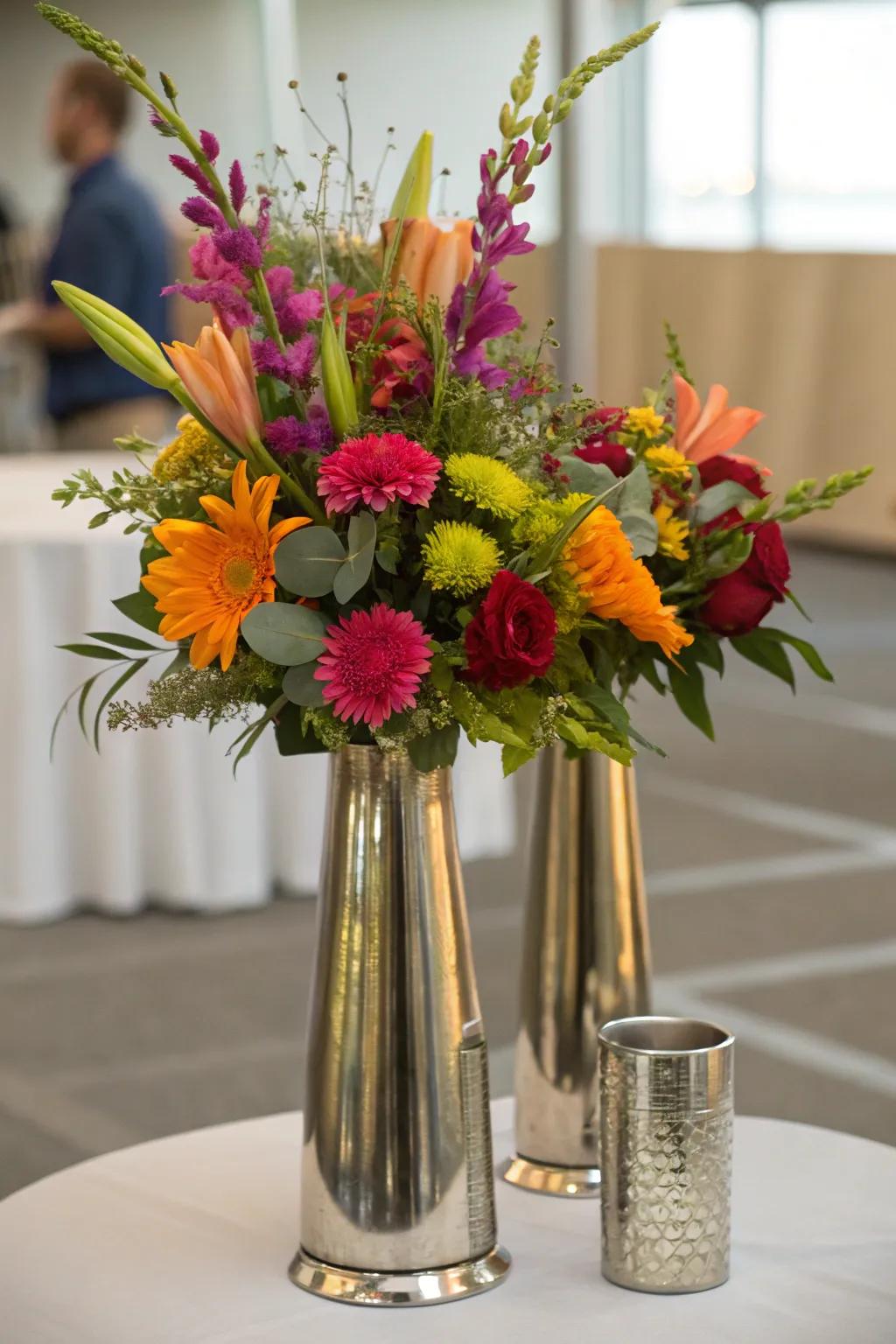 A chic centerpiece featuring metal vessels and ivory lilies.