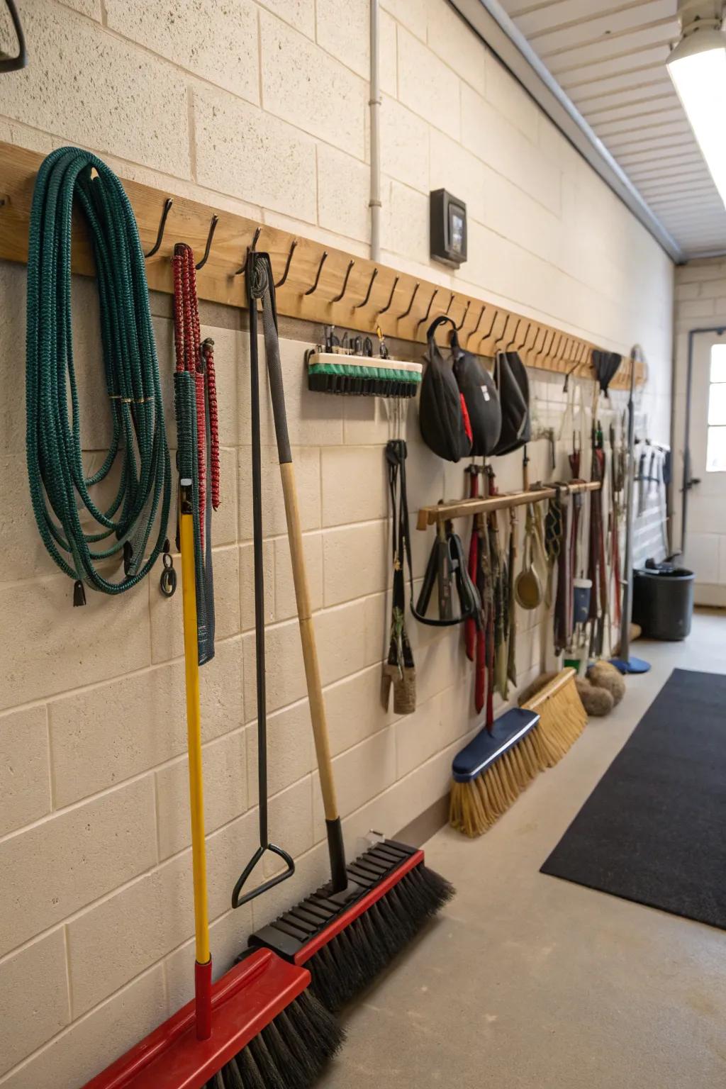 Cleaning racks in a tack room for tidy maintenance.