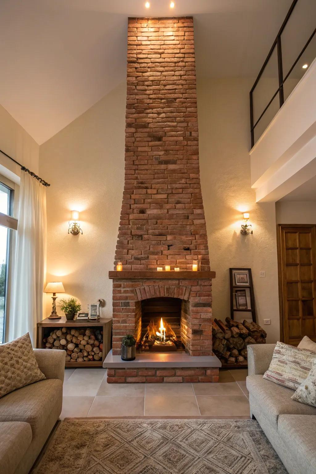 Exposed brick adds rustic charm and texture to a fireplace wall.