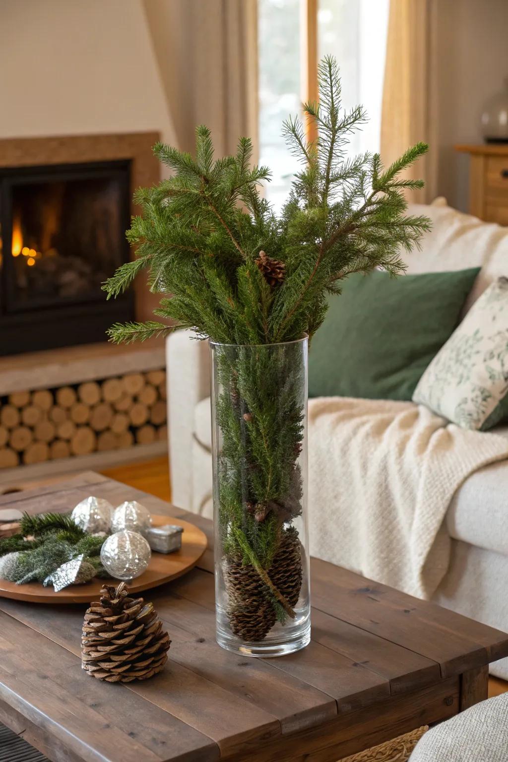 An elevated glass vase brimming with spruce and verdure, thereby ushering a wintry embellishment to a snug chamber.