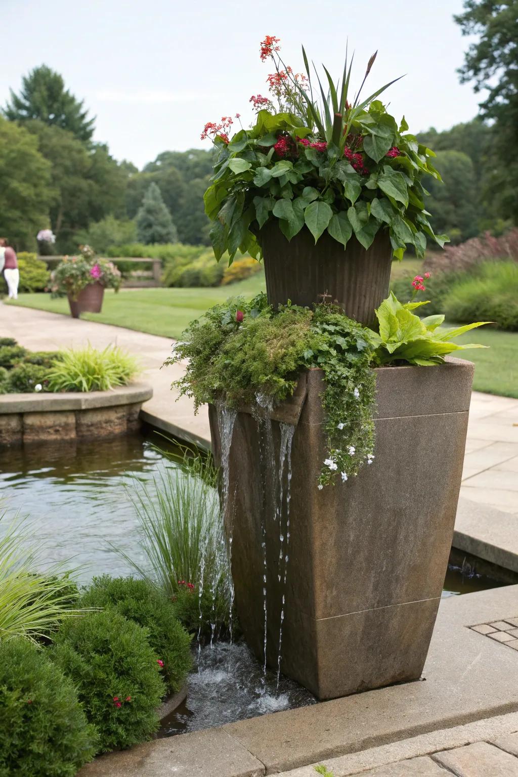 Add tranquility to your space with containers featuring water elements.
