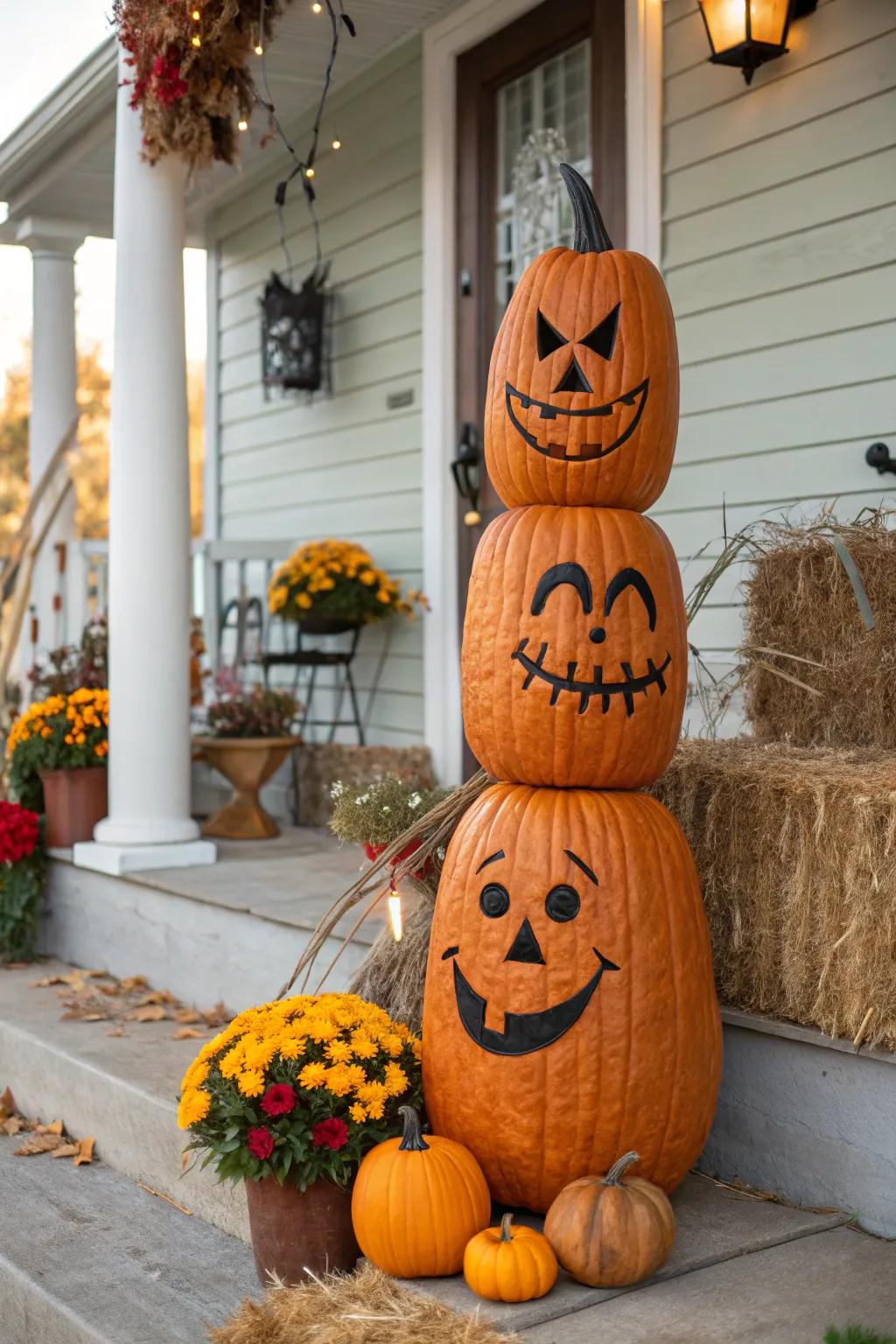 Exhibit a spectrum of sentiments through a triptych of animate faces upon a single pumpkin.