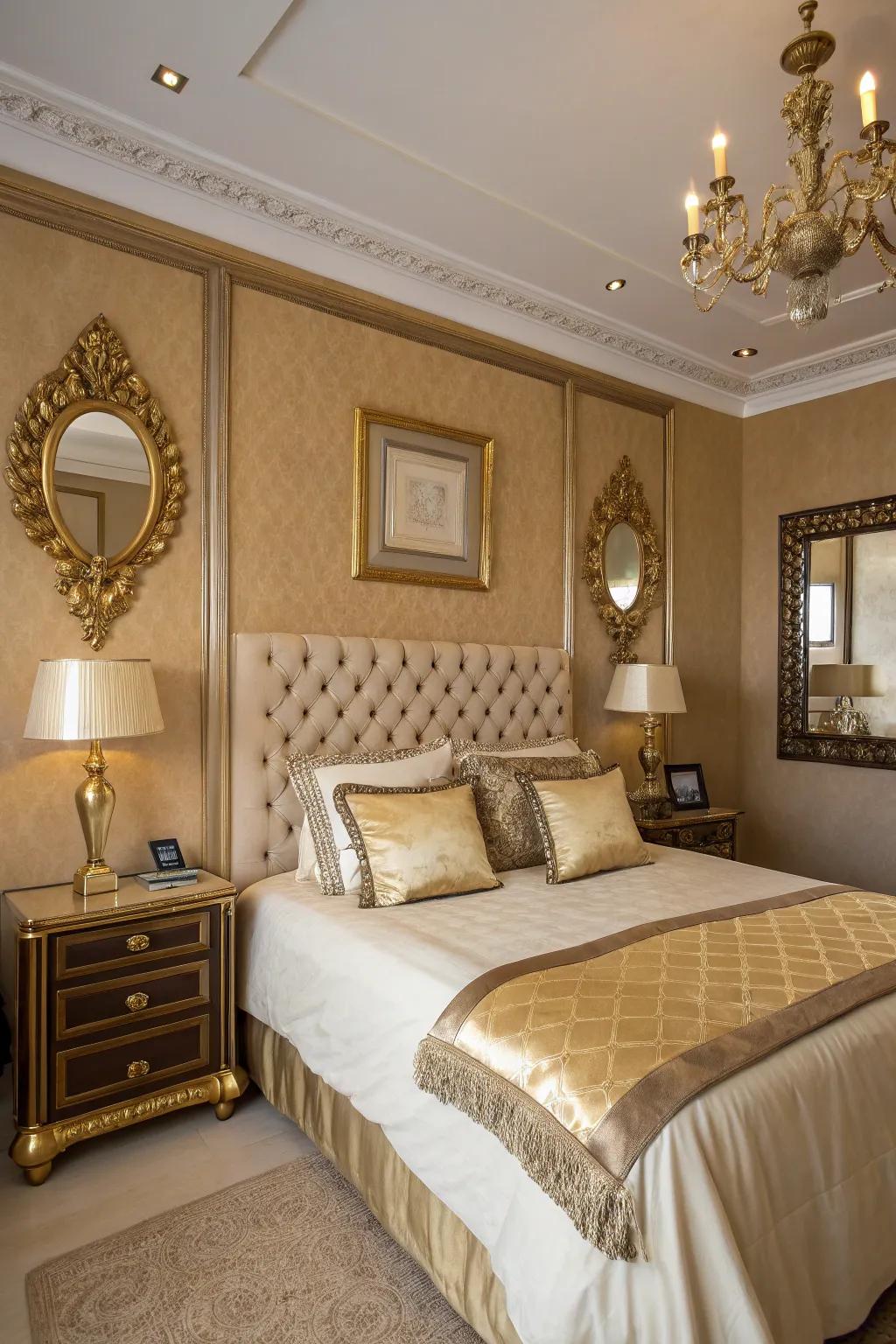 Gilded supplements attach a sophisticated fringe to the tan design.