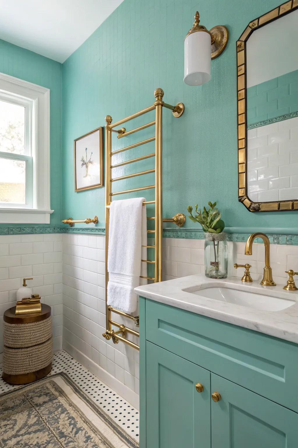 Elevate your washroom with cerulean and brass elegance.