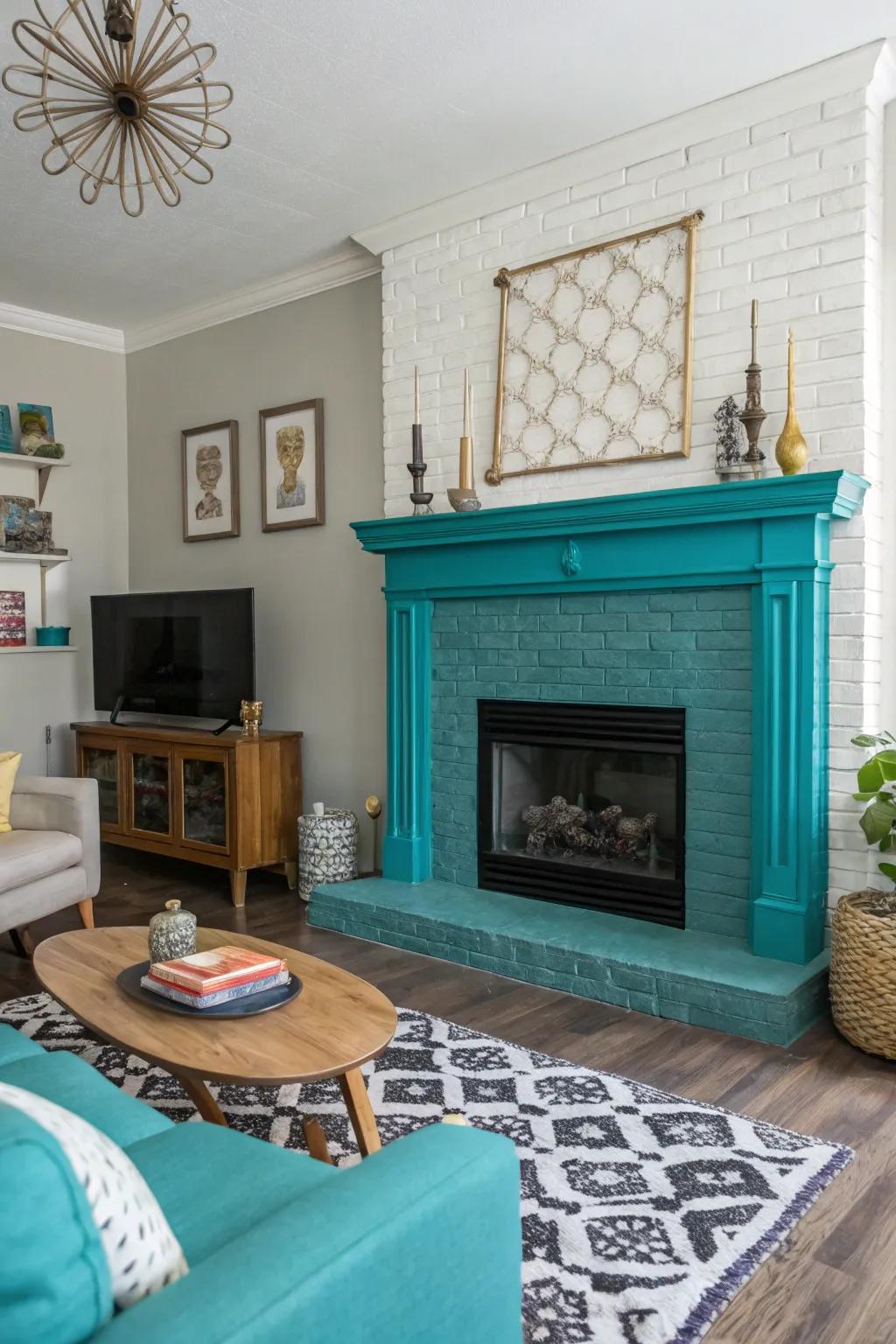An unexpected aquamarine fireplace evokes an awe-inspiring core element in this living space.